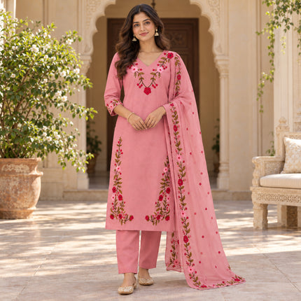 Blush Pink Floral Embroidered Cotton Dupatta Suit