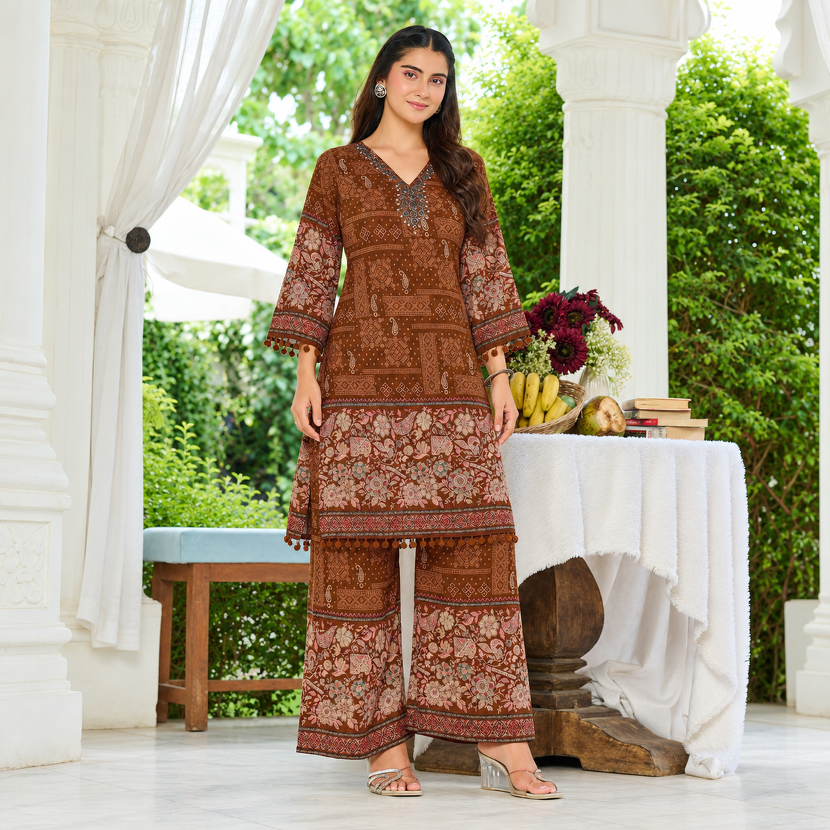 Brown Jaipur Mirror Work Printed Kurta Set