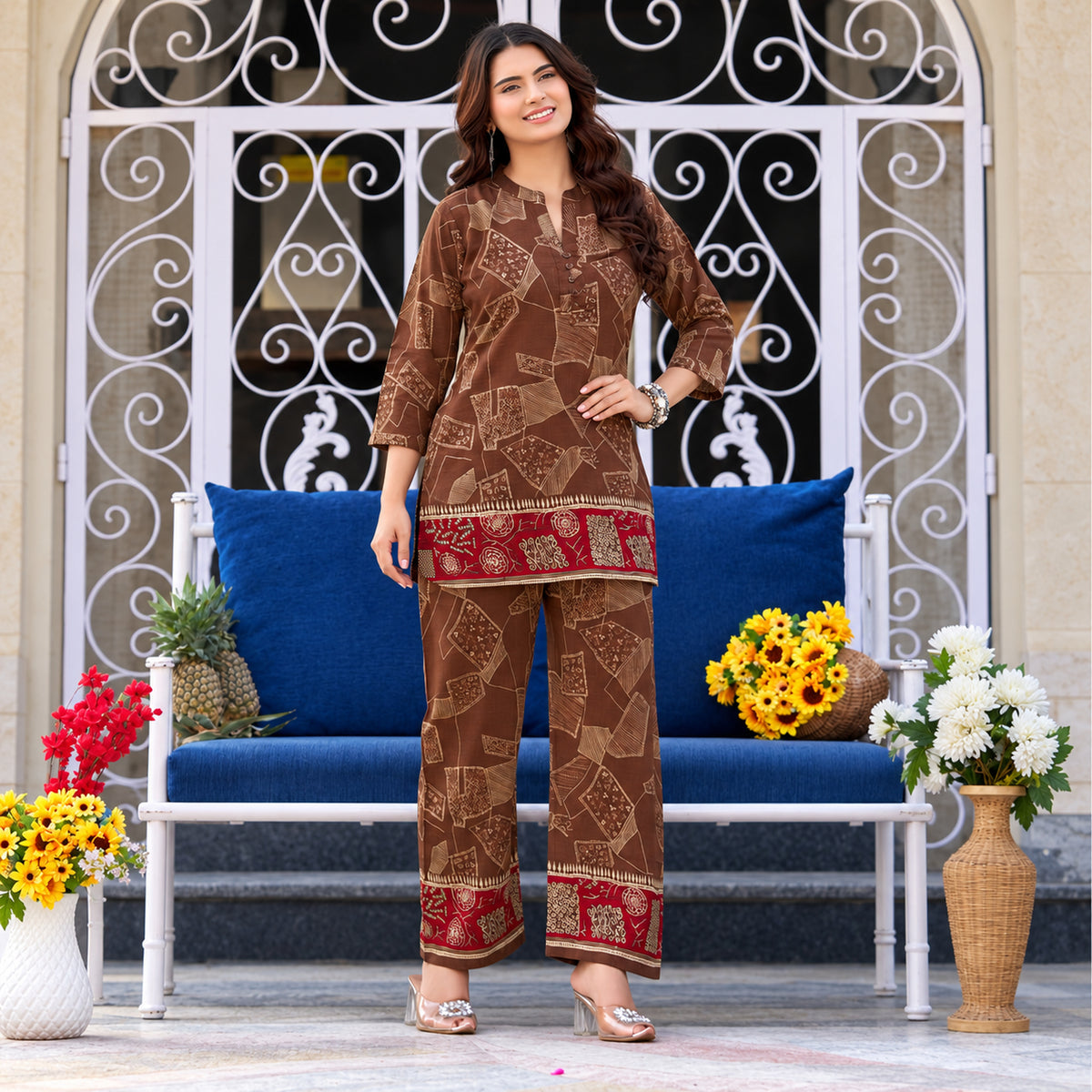 Brown Geometry Red Bordered Co-ord Set