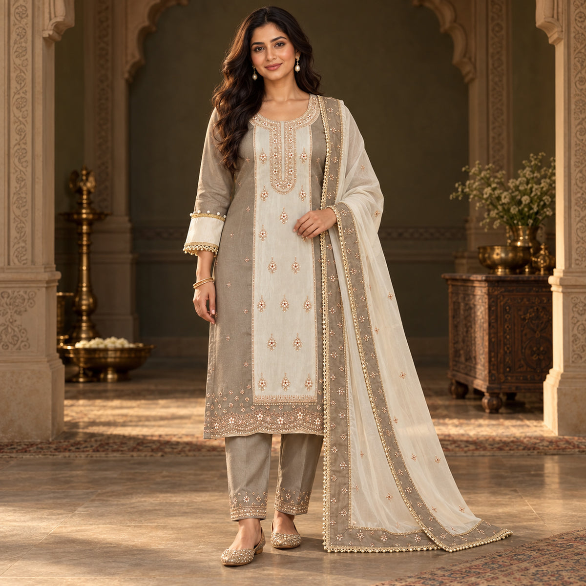 Metalic Cream Designer Dupatta Suit