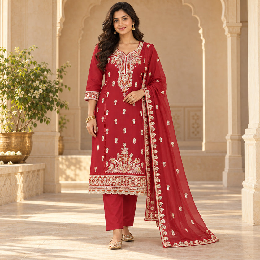 Red Heavy Embroidered Dupatta Suit