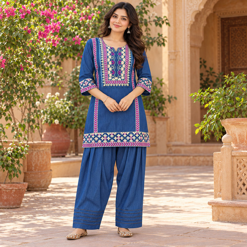 Denim Rugged Farshi Salwar Cord Set