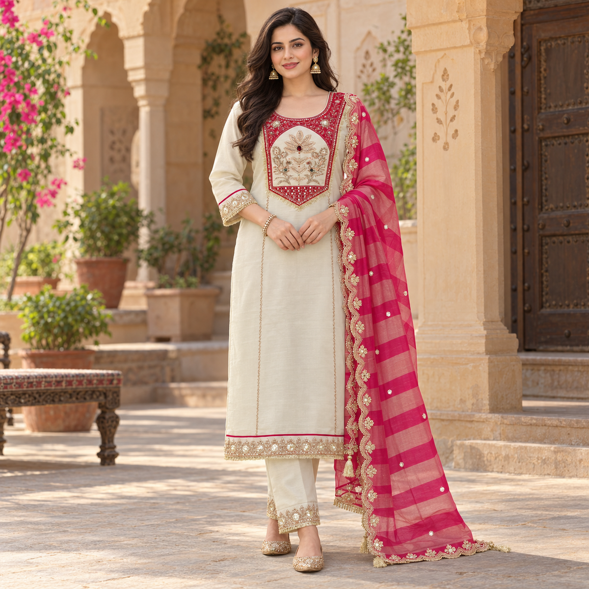 Cream Neck Embroidered Pink Dupatta Suit