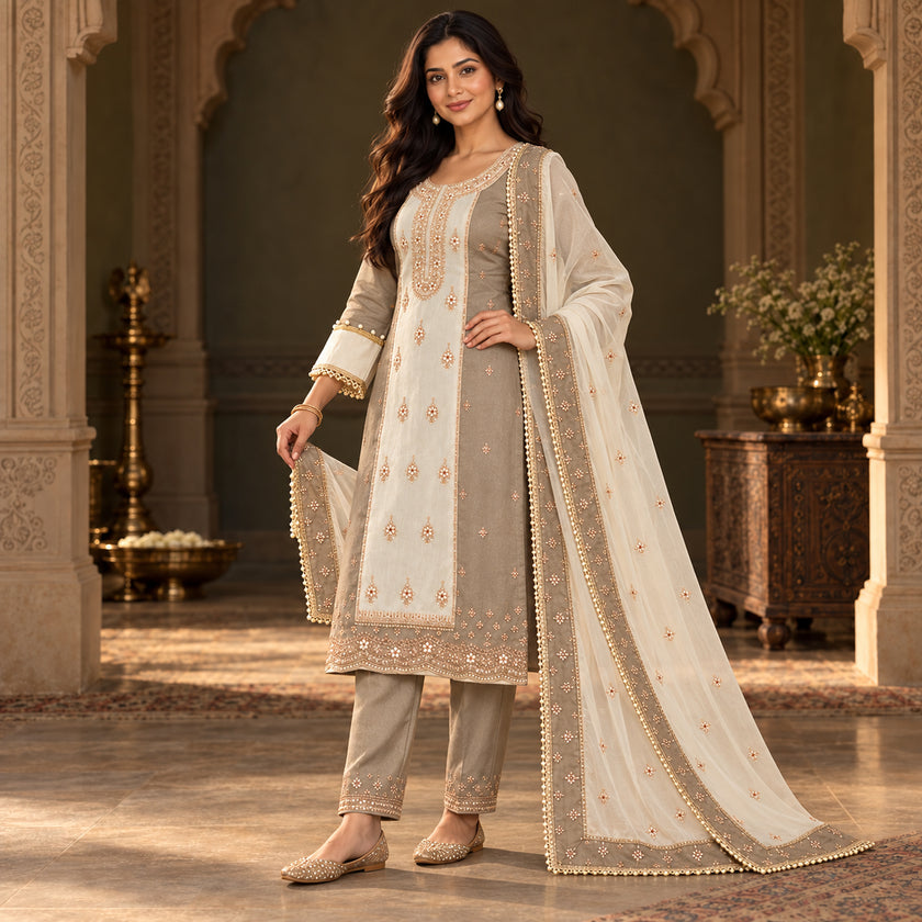 Metalic Cream Designer Dupatta Suit