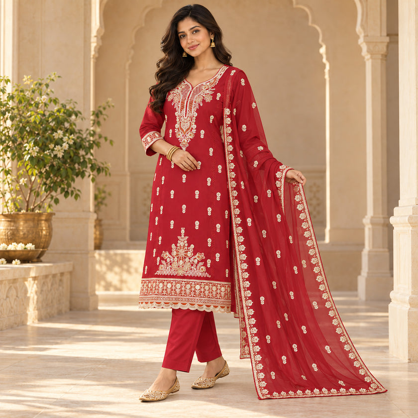 Red Heavy Embroidered Dupatta Suit