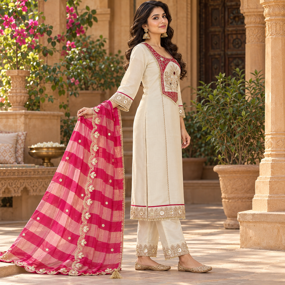 Cream Neck Embroidered Pink Dupatta Suit