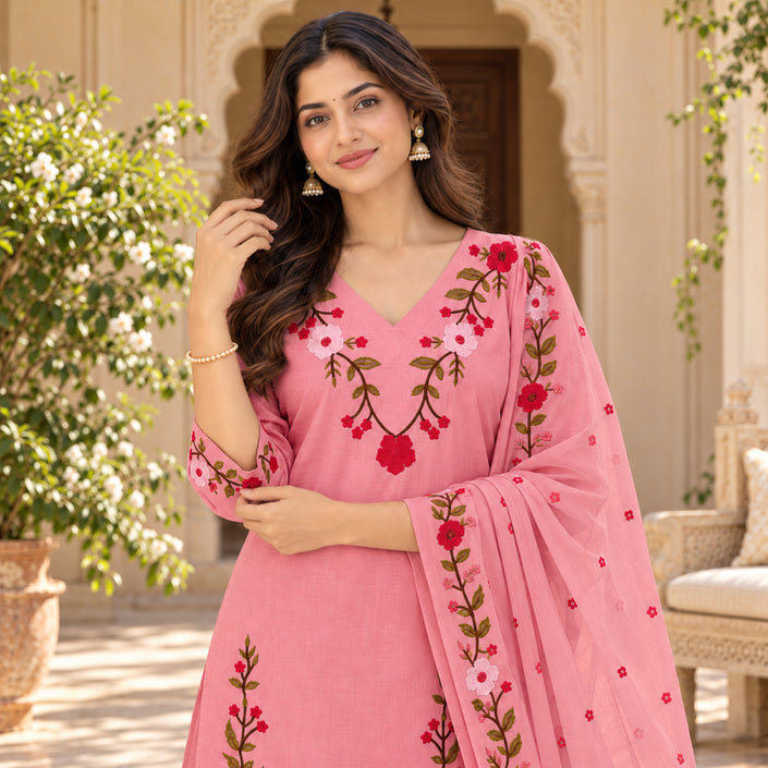 Blush Pink Floral Embroidered Cotton Dupatta Suit