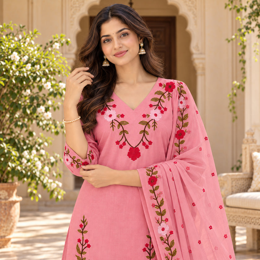 Blush Pink Floral Embroidered Cotton Dupatta Suit