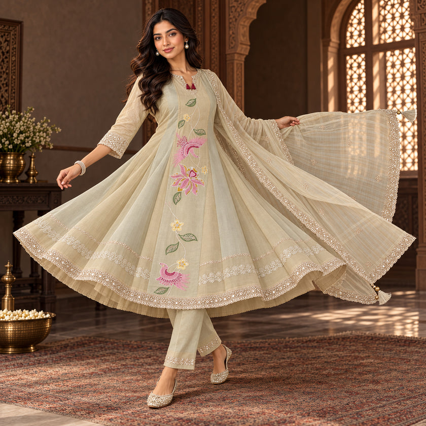 Golden -Cream Embroidered Patches A-line Dupatta Suit