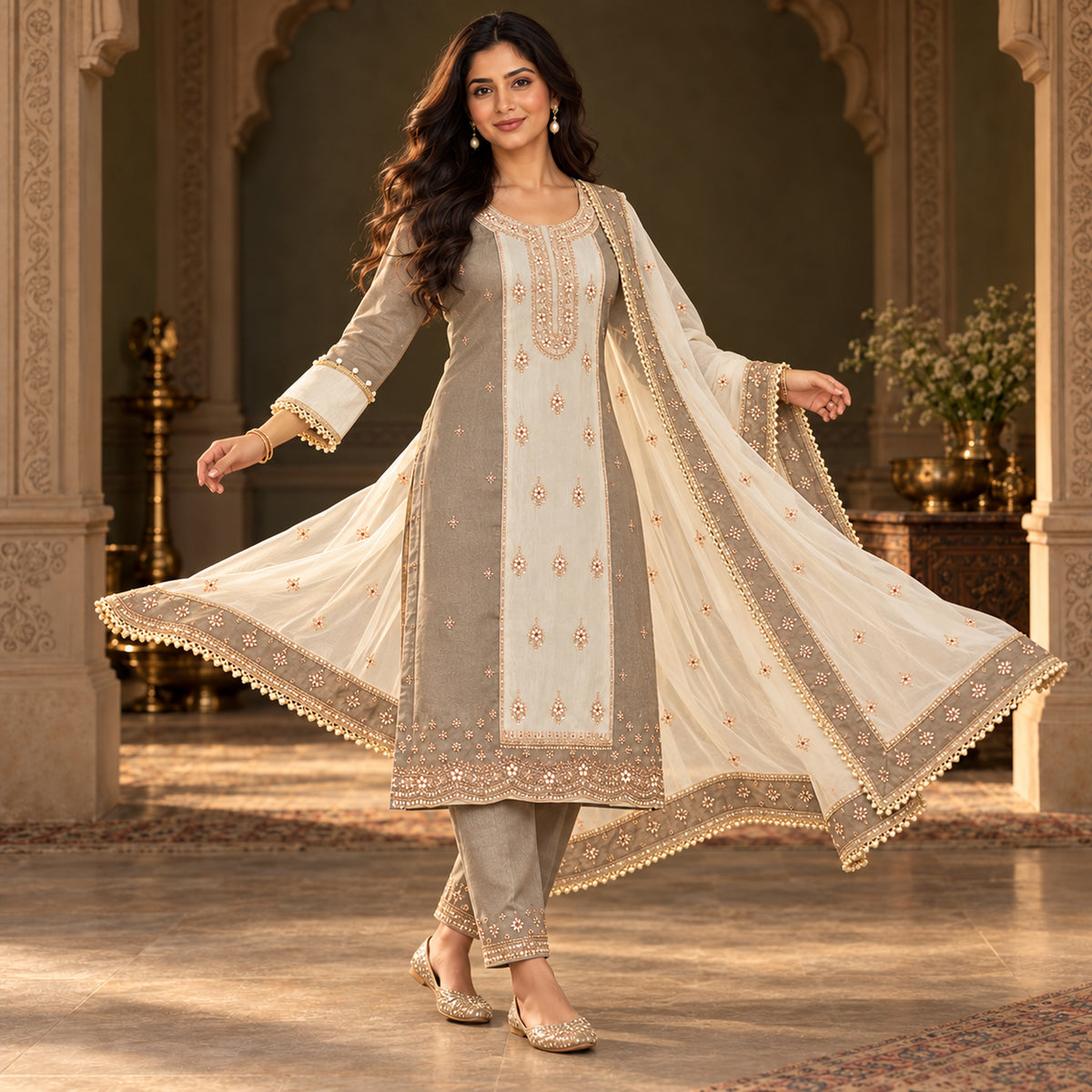 Metalic Cream Designer Dupatta Suit
