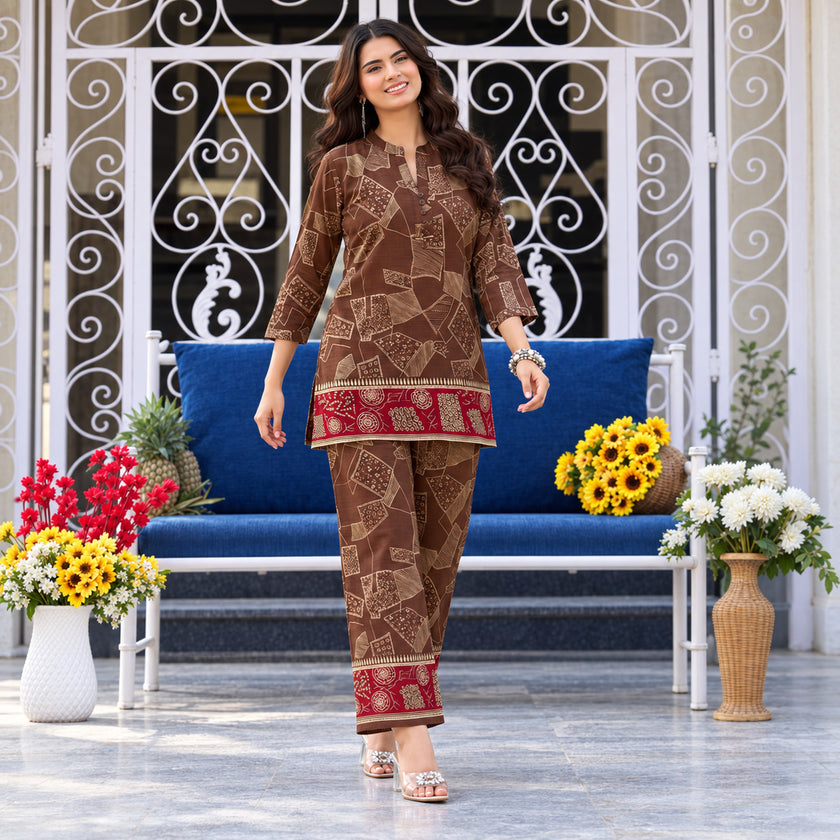 Brown Geometry Red Bordered Co-ord Set