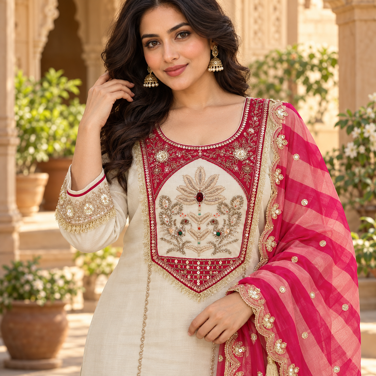 Cream Neck Embroidered Pink Dupatta Suit