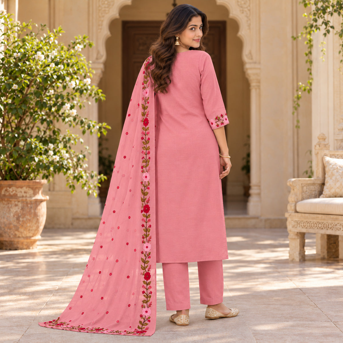 Blush Pink Floral Embroidered Cotton Dupatta Suit