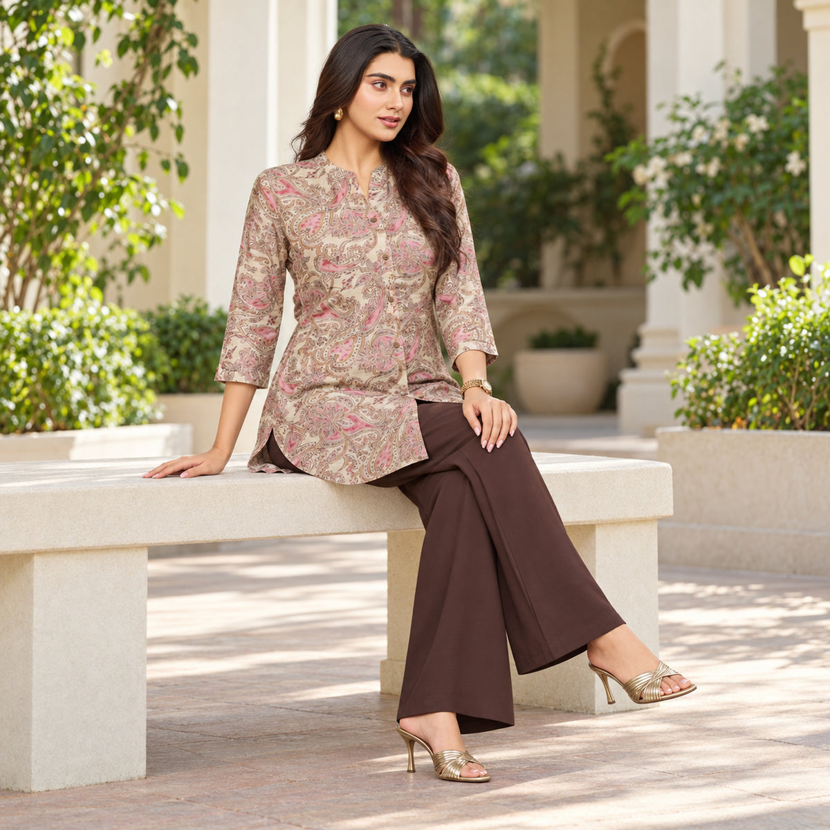 Beige and Pink Printed With Brown Bottom Co-ord Set