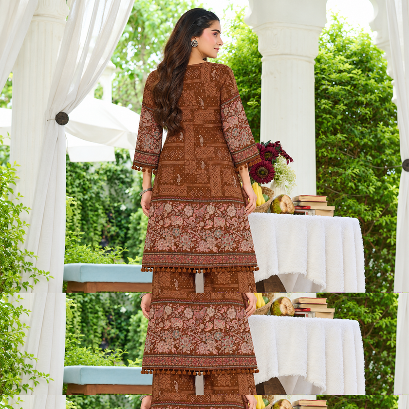 Brown Jaipur Mirror Work Printed Kurta Set