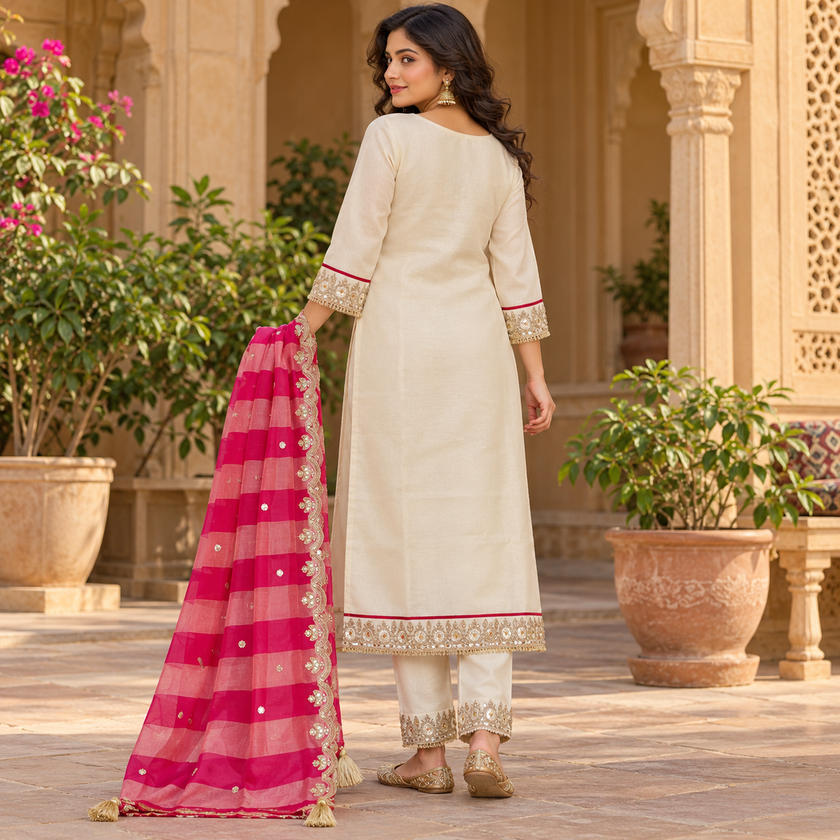 Cream Neck Embroidered Pink Dupatta Suit