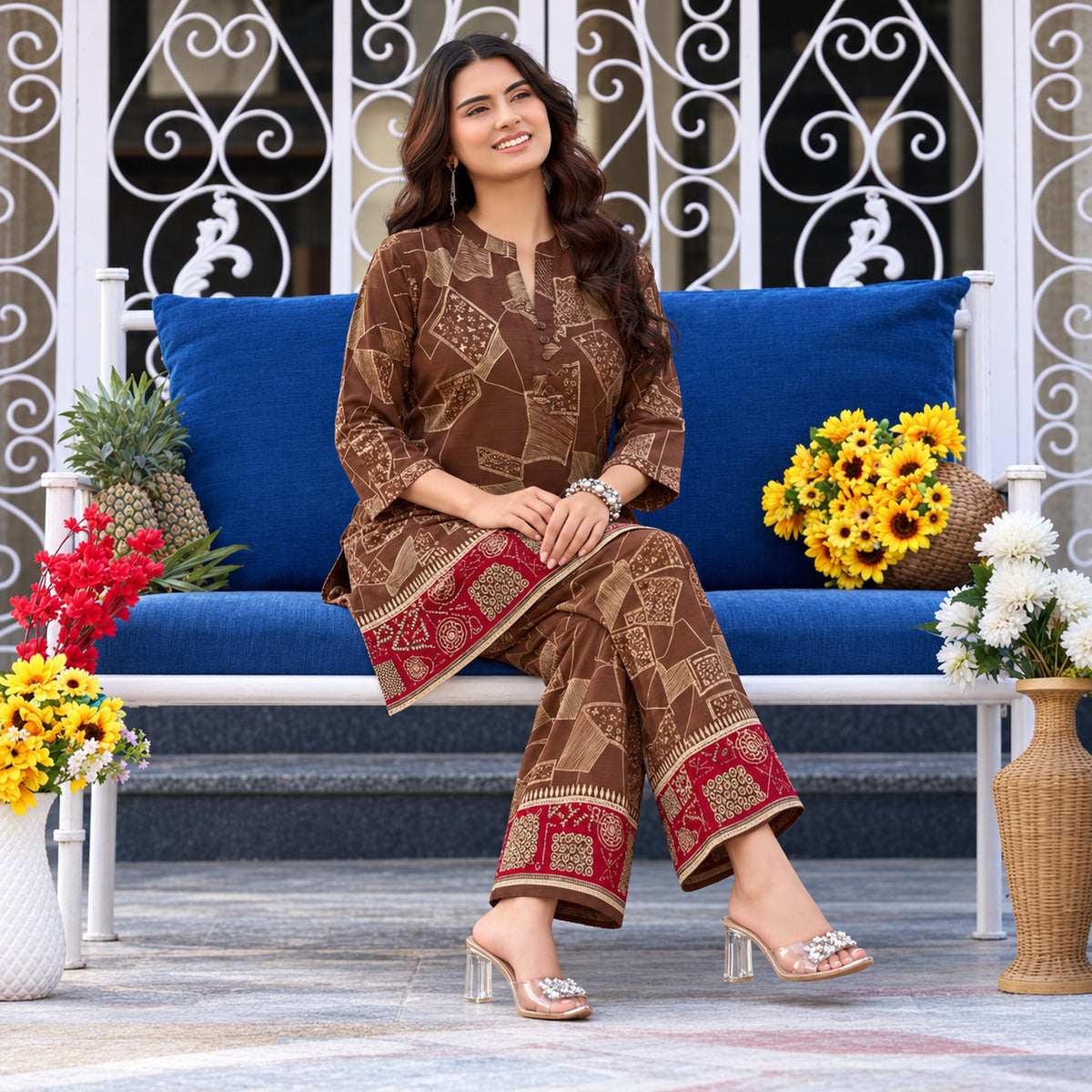 Brown Geometry Red Bordered Co-ord Set