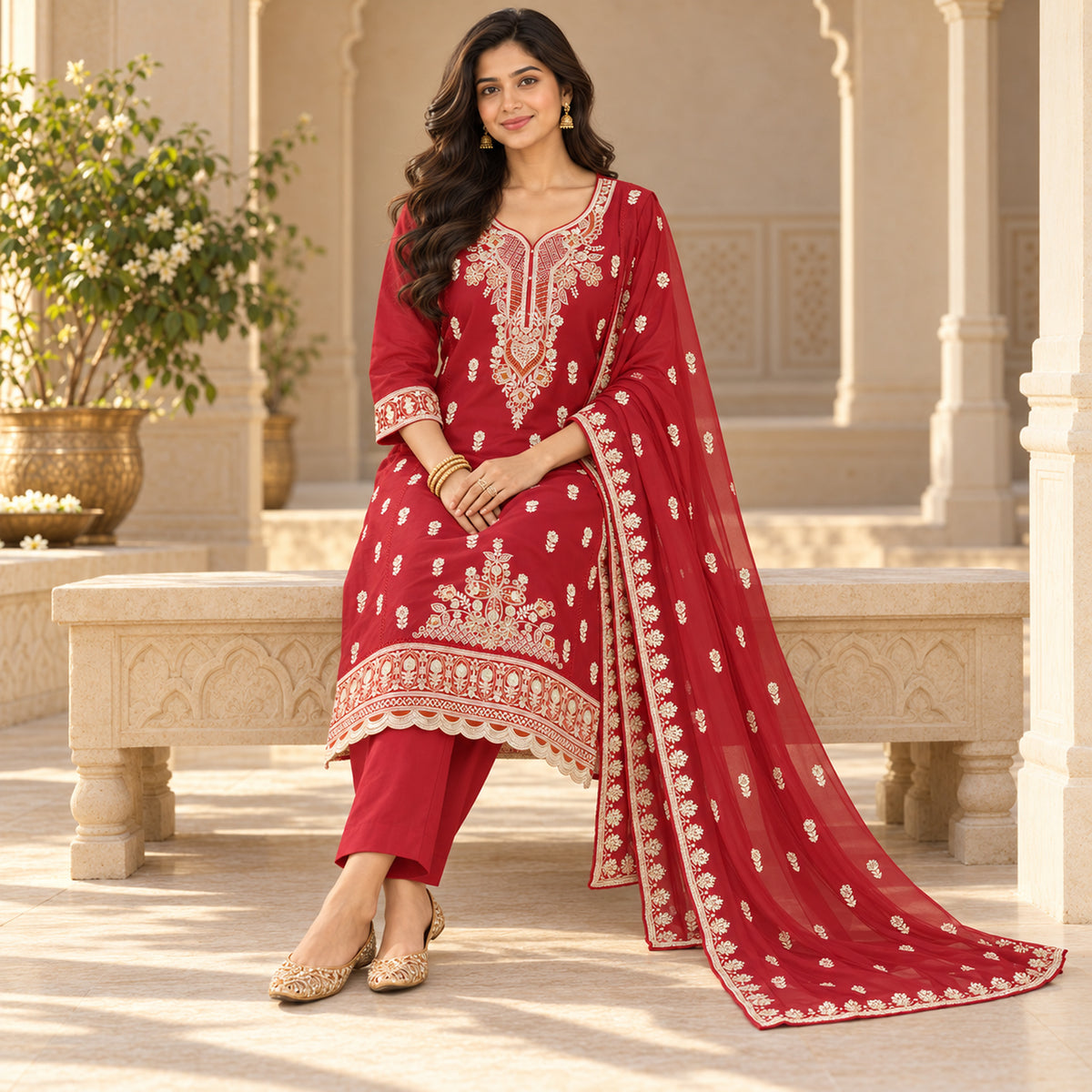 Red Heavy Embroidered Dupatta Suit