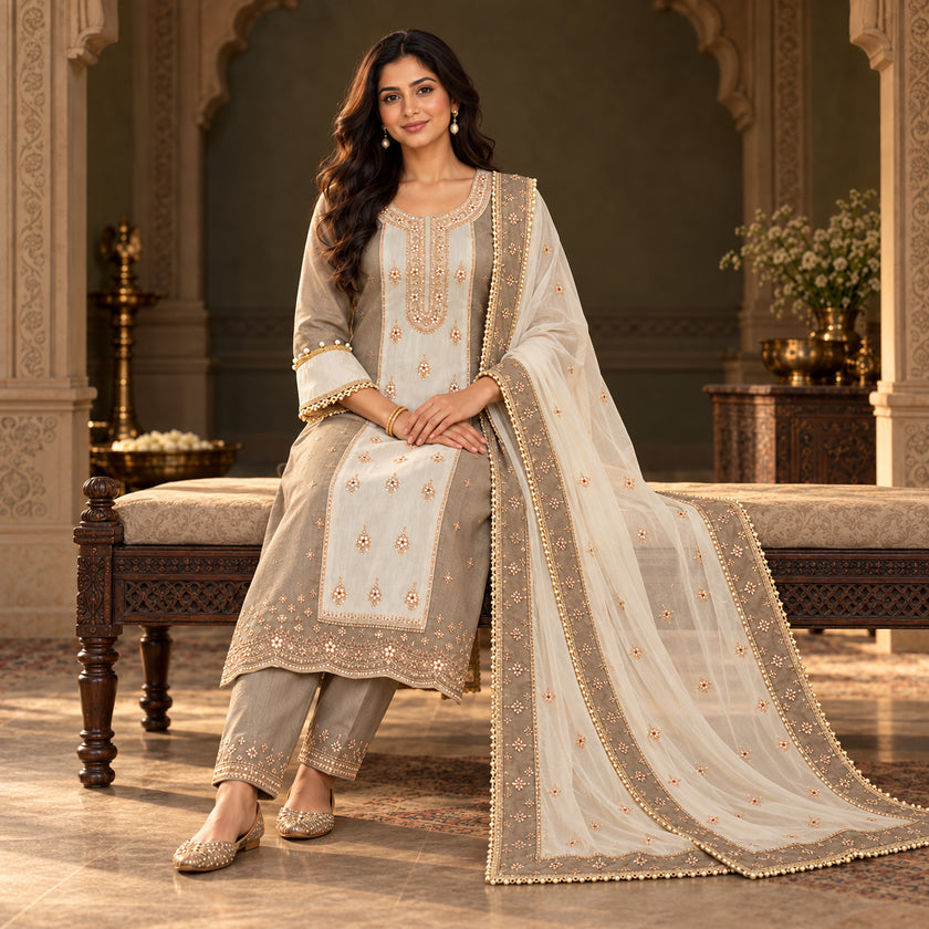 Metalic Cream Designer Dupatta Suit
