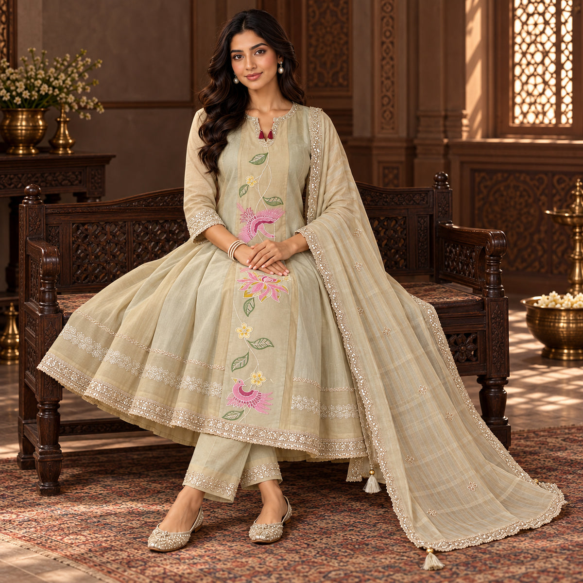 Golden -Cream Embroidered Patches A-line Dupatta Suit