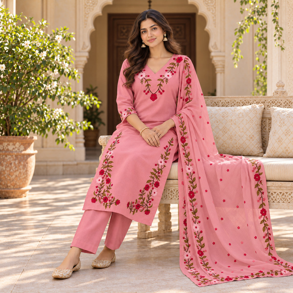Blush Pink Floral Embroidered Cotton Dupatta Suit