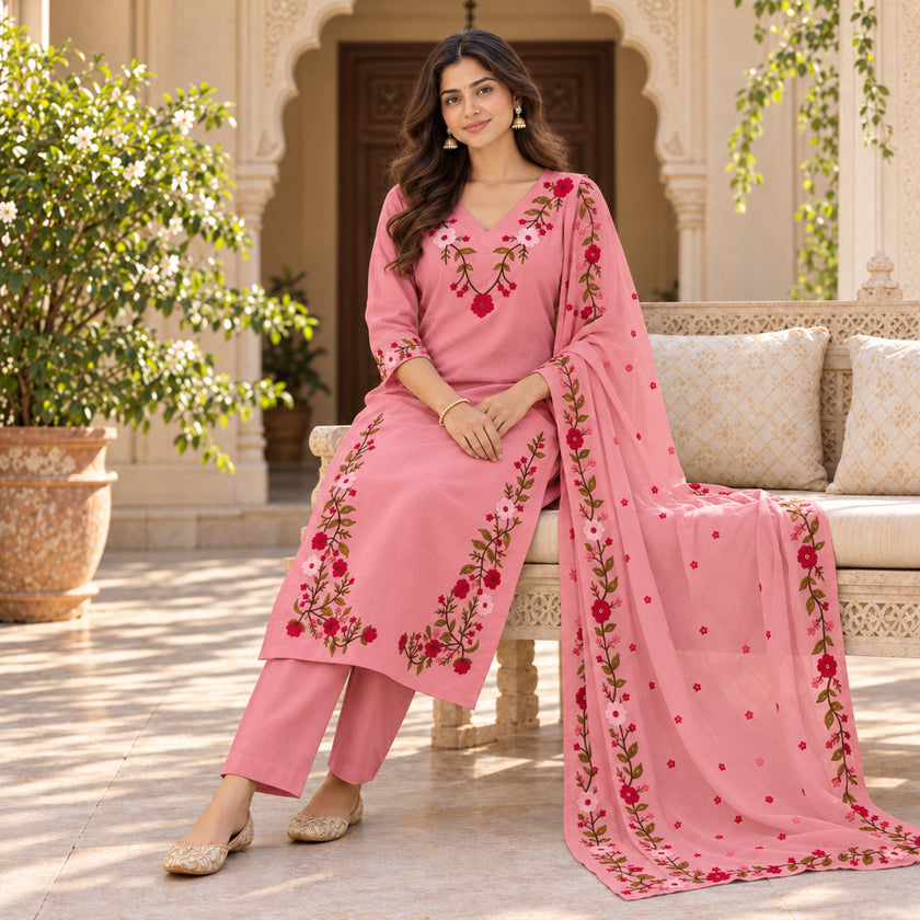Blush Pink Floral Embroidered Cotton Dupatta Suit