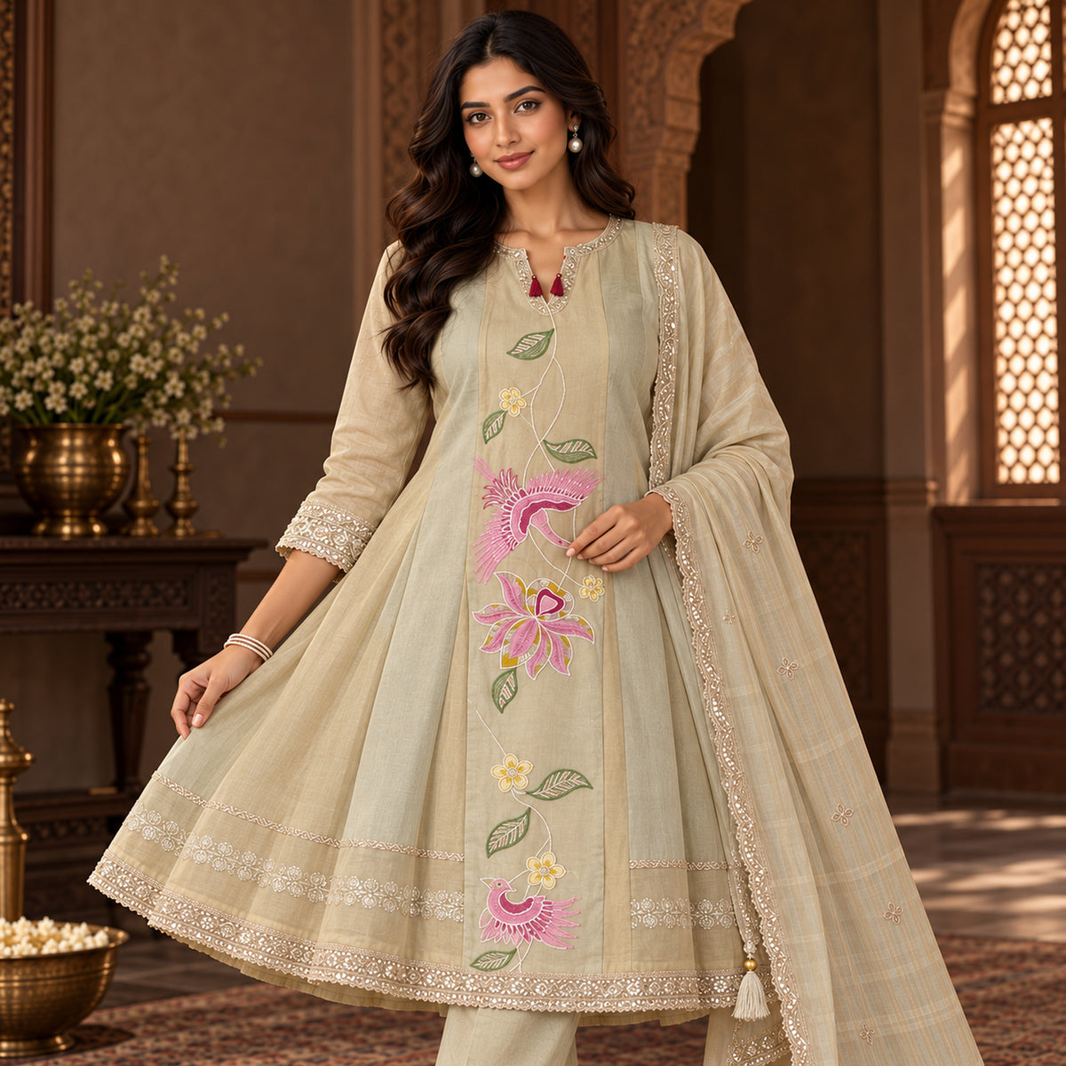 Golden -Cream Embroidered Patches A-line Dupatta Suit