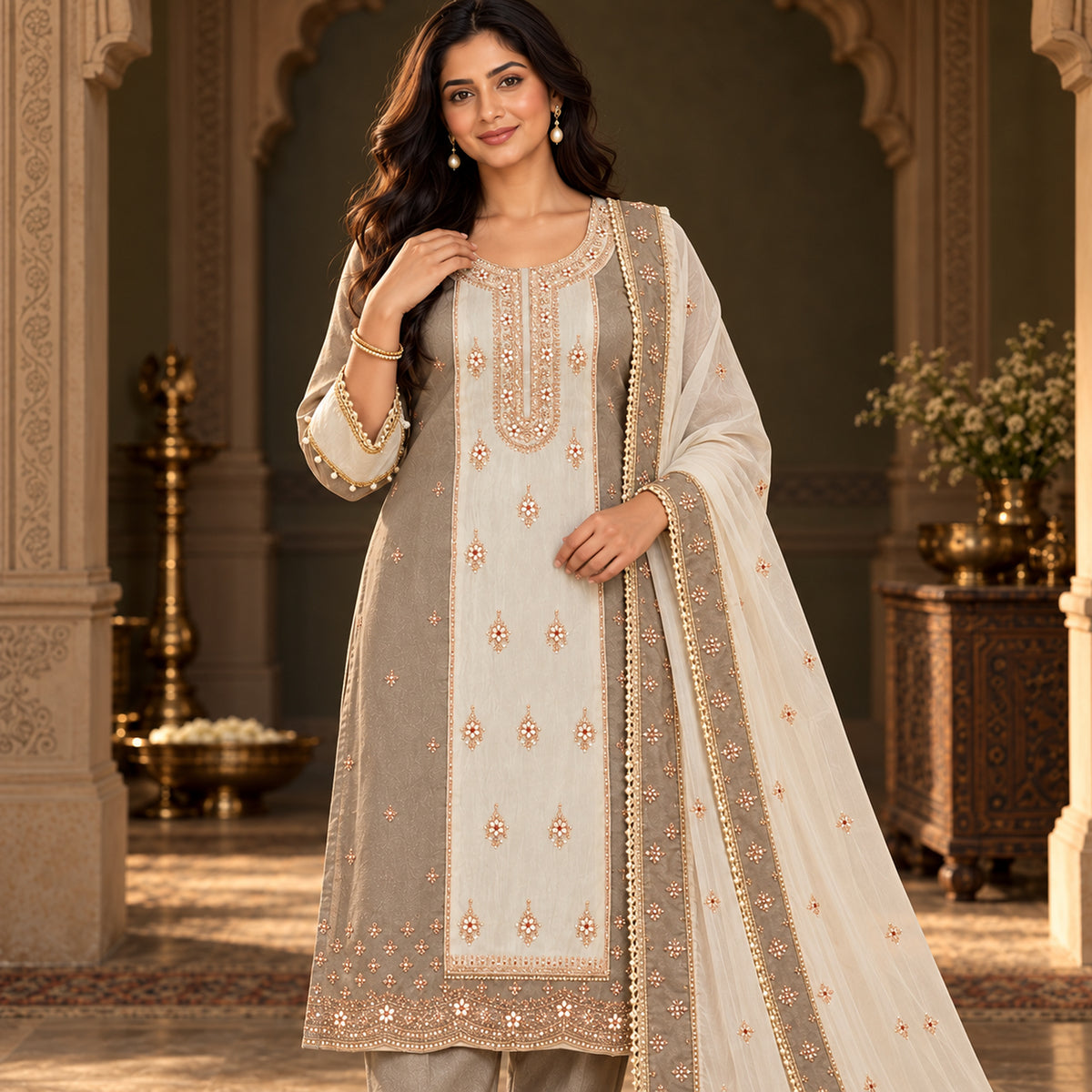Metalic Cream Designer Dupatta Suit
