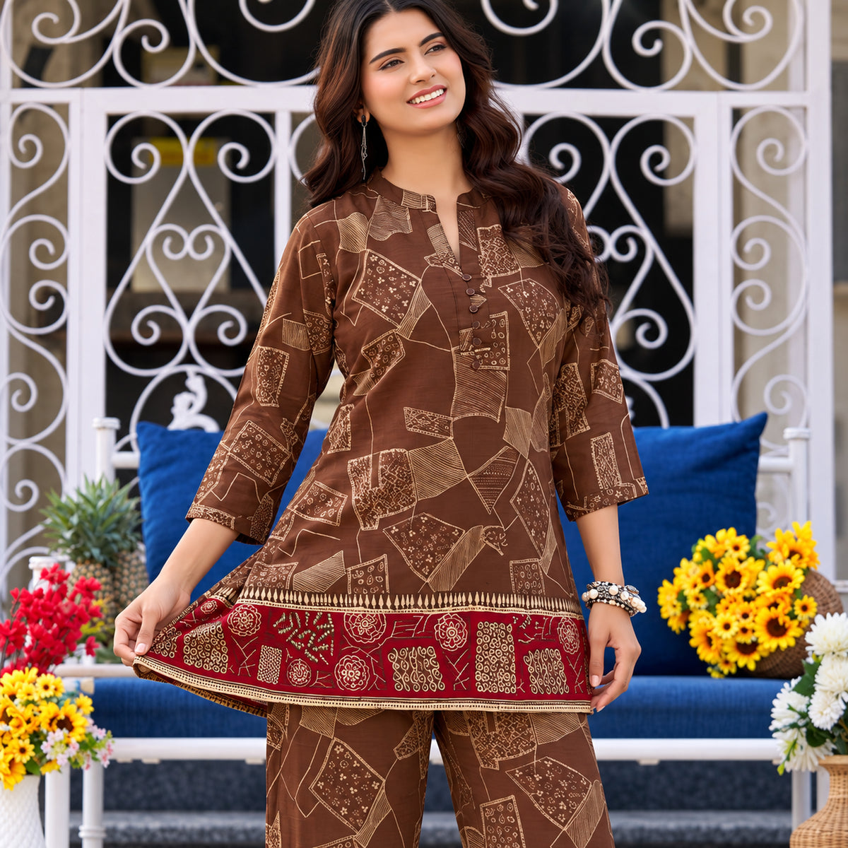 Brown Geometry Red Bordered Co-ord Set