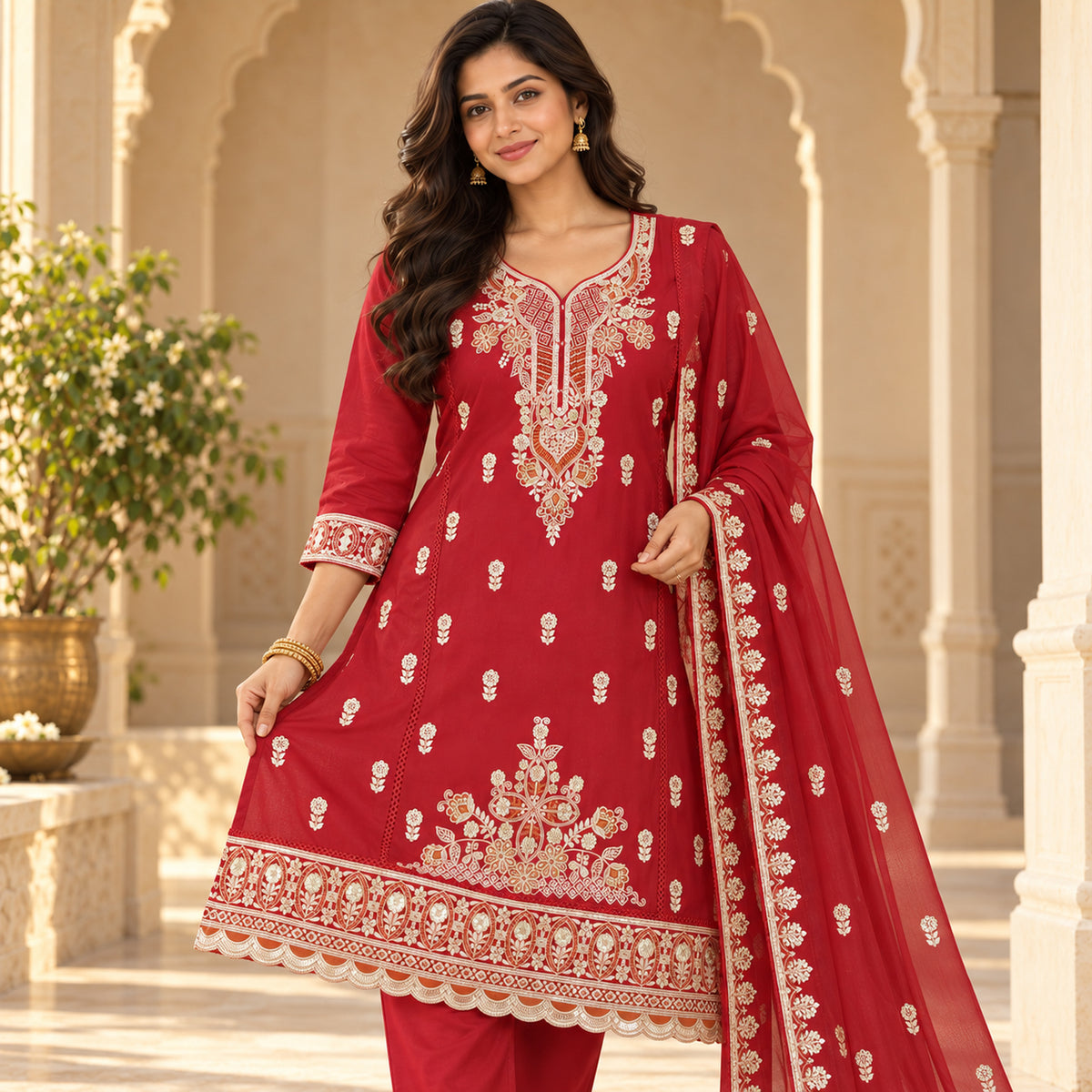 Red Heavy Embroidered Dupatta Suit