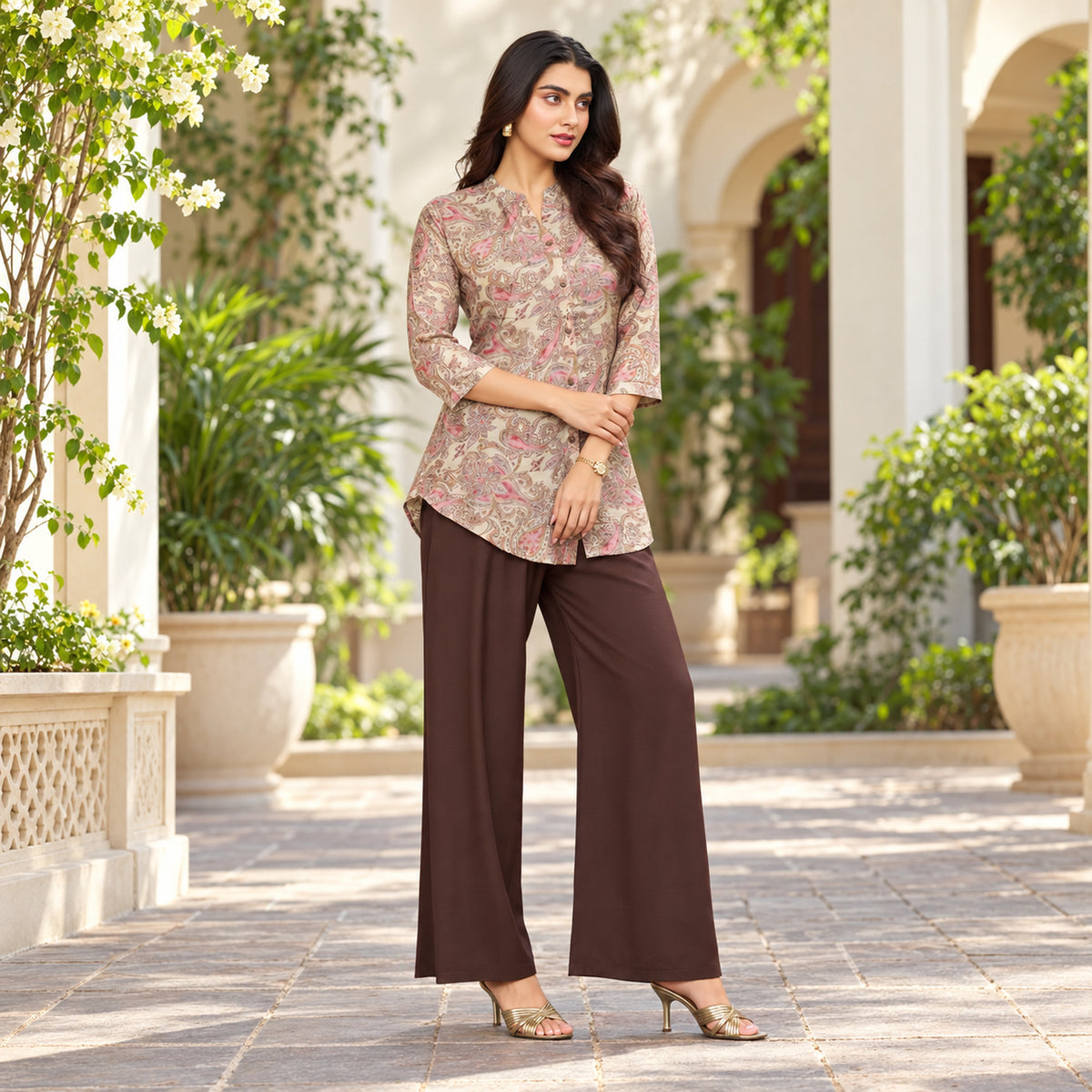 Beige and Pink Printed With Brown Bottom Co-ord Set