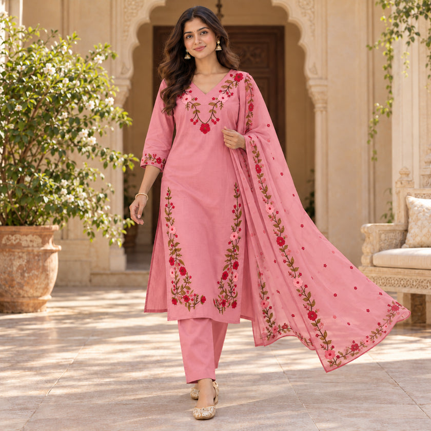 Blush Pink Floral Embroidered Cotton Dupatta Suit