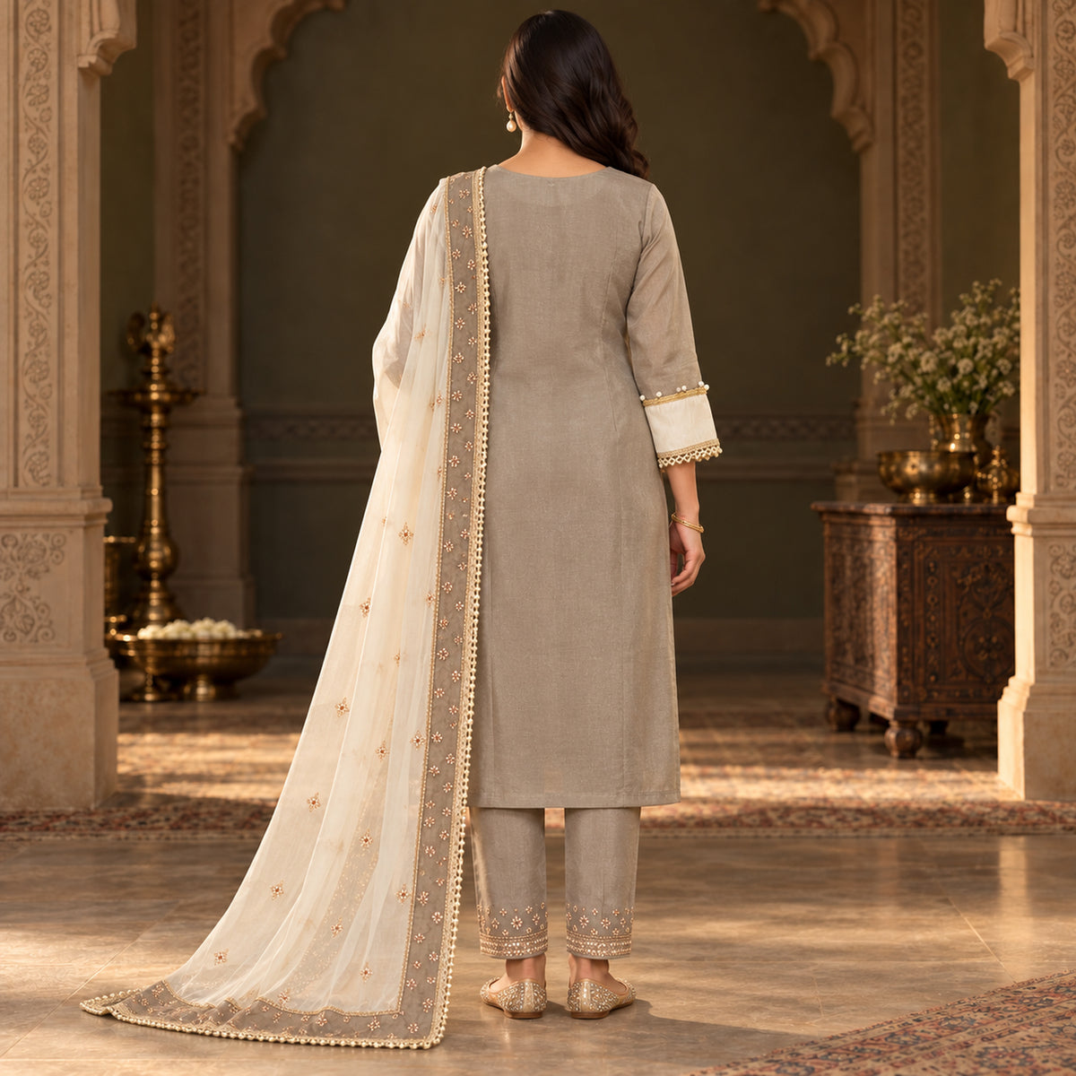 Metalic Cream Designer Dupatta Suit