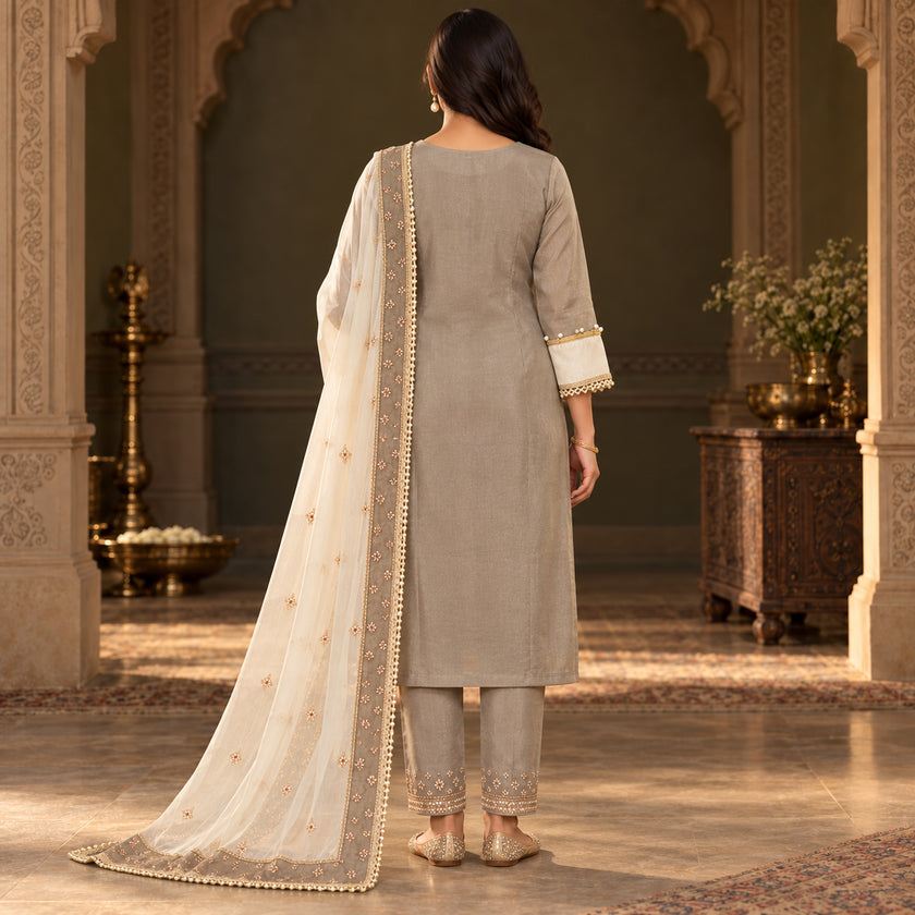 Metalic Cream Designer Dupatta Suit