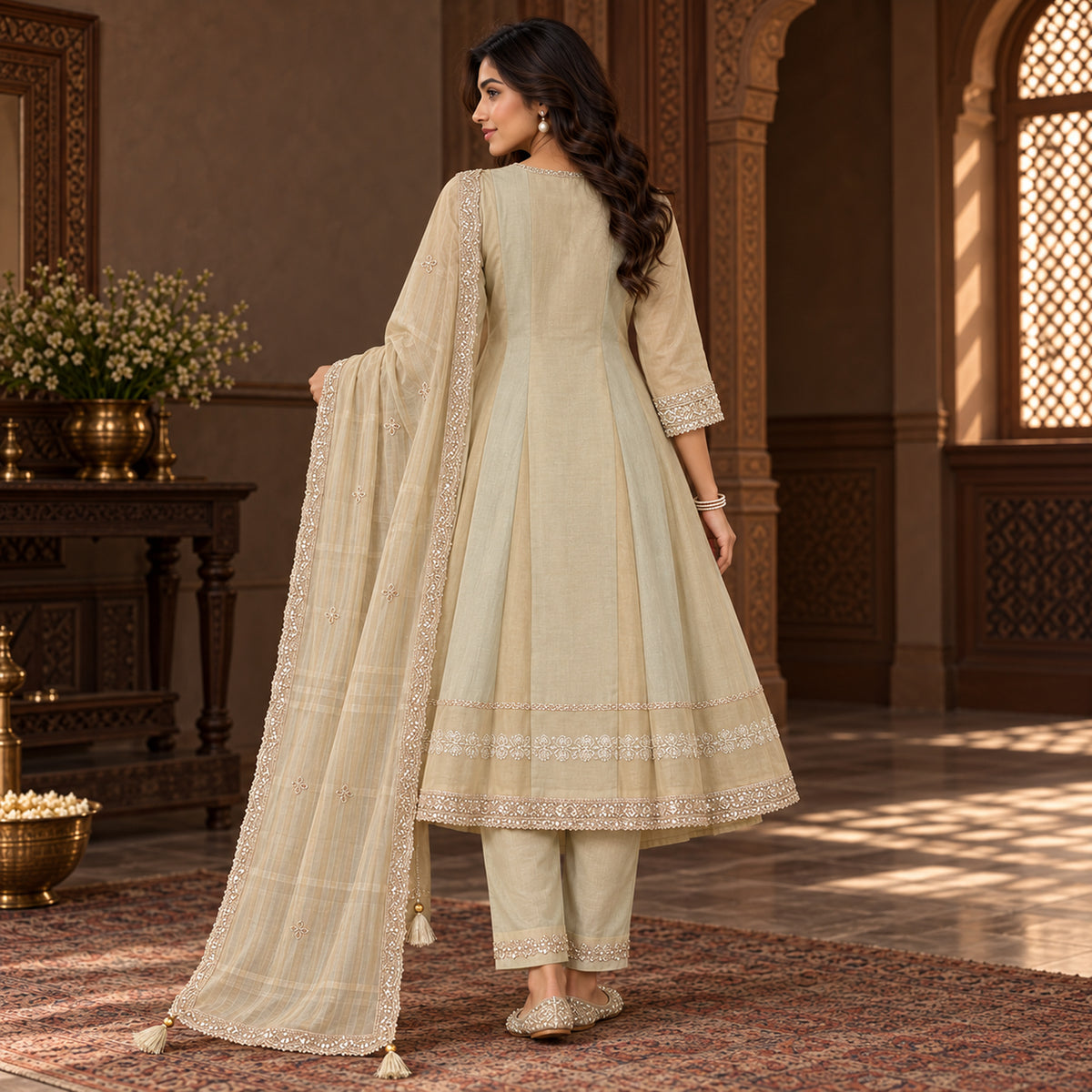Golden -Cream Embroidered Patches A-line Dupatta Suit