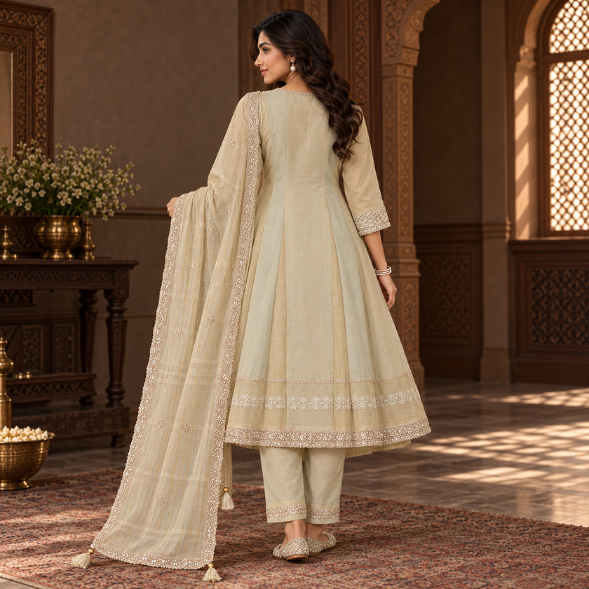 Golden -Cream Embroidered Patches A-line Dupatta Suit