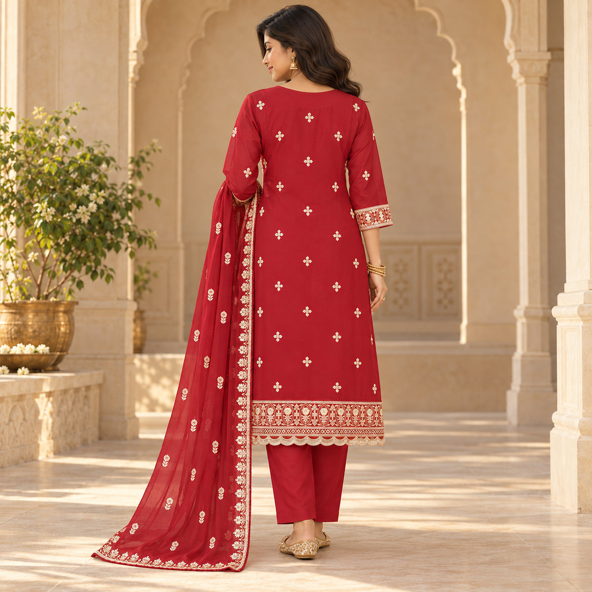 Red Heavy Embroidered Dupatta Suit