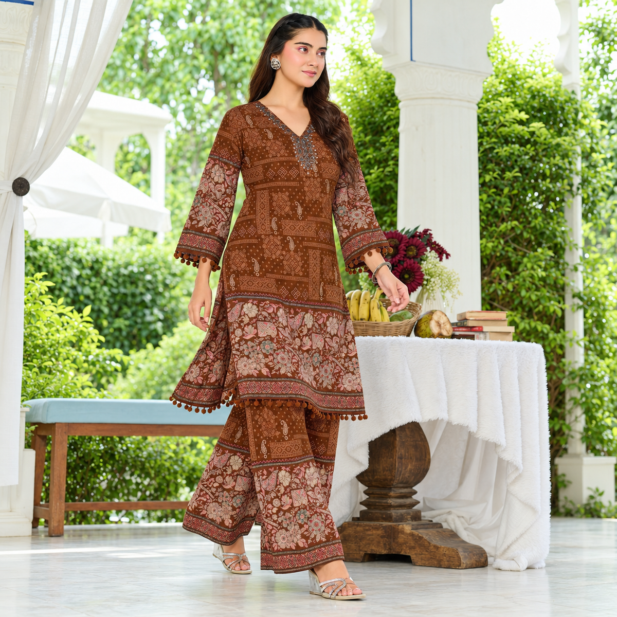Brown Jaipur Mirror Work Printed Kurta Set