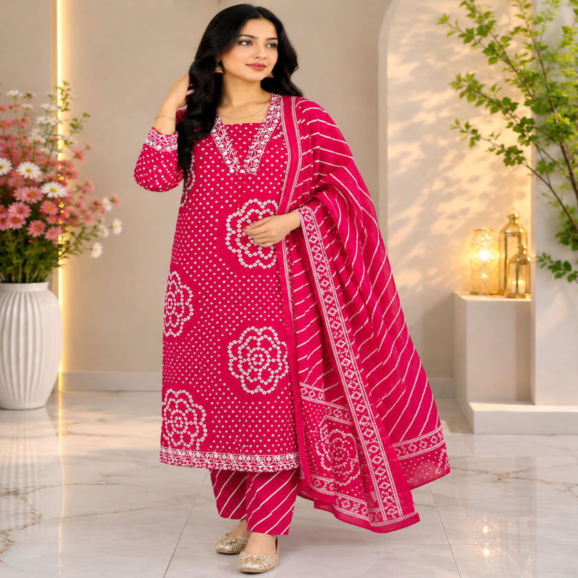 Pink  Bandhej Dupatta Suit