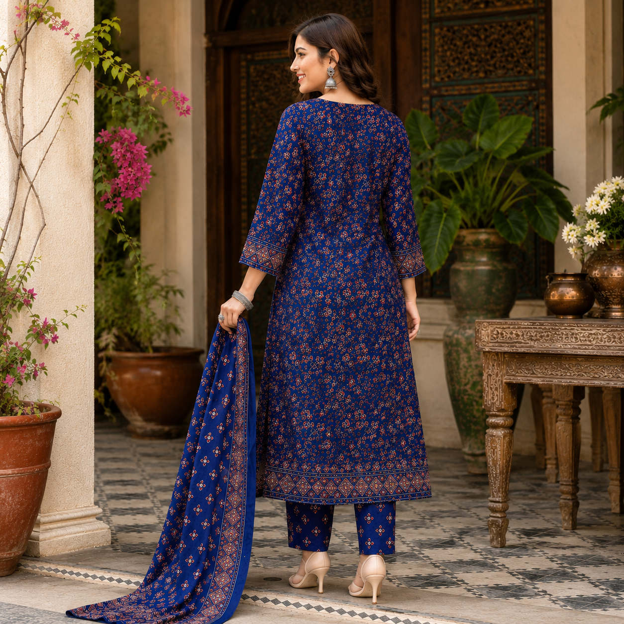 Blue Printed Dupatta Suit