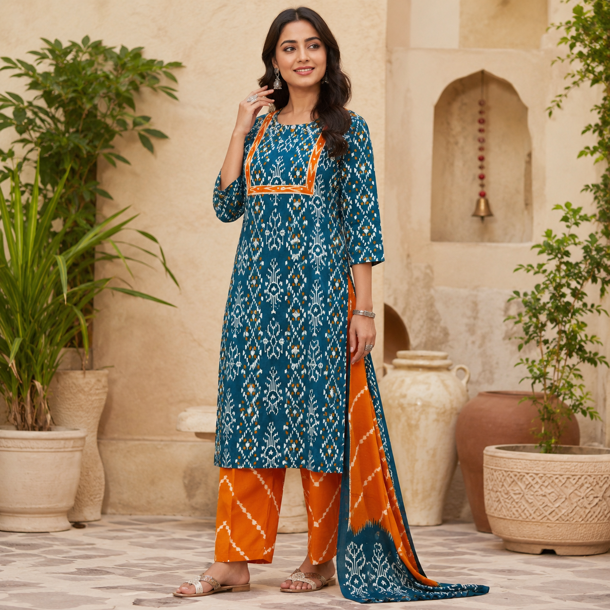 Teal Blue Printed Dupatta Suit