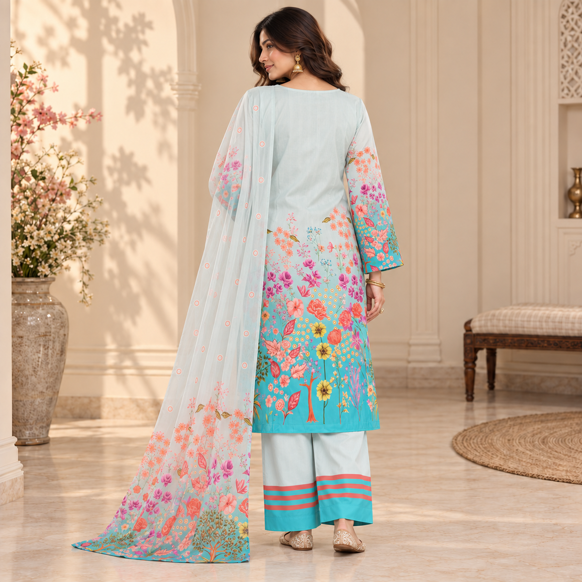 Aqua Blue Satin Farshi Set with Dupatta