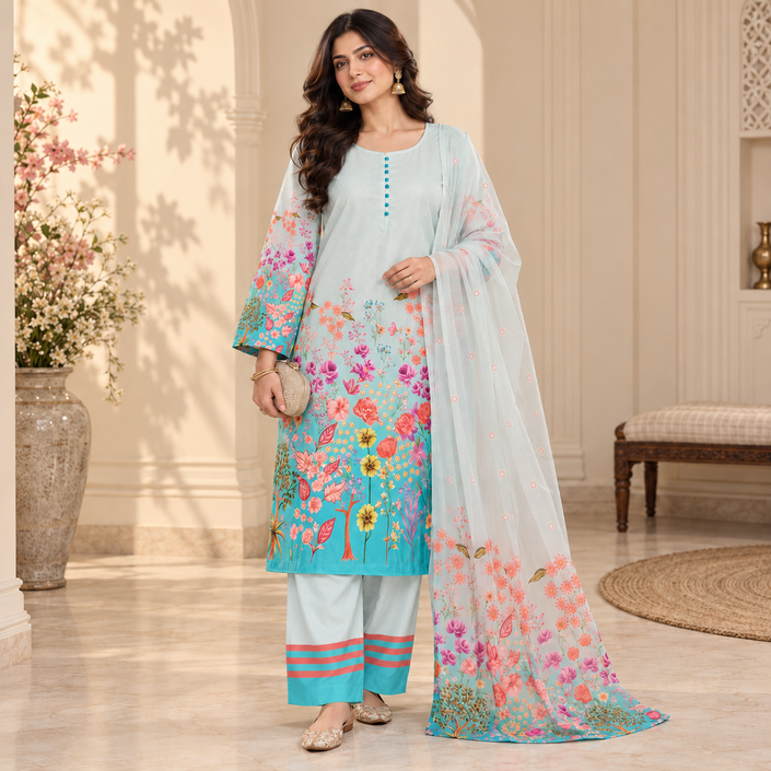 Aqua Blue Satin Farshi Set with Dupatta