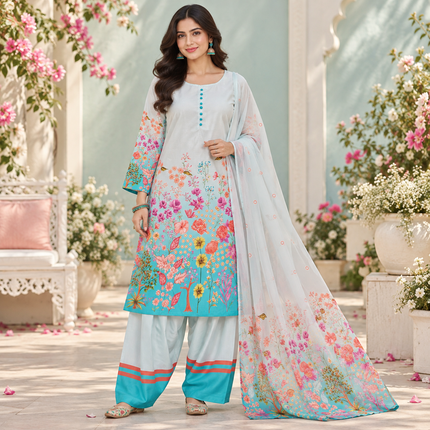 Aqua Blue Satin Farshi Set with Dupatta