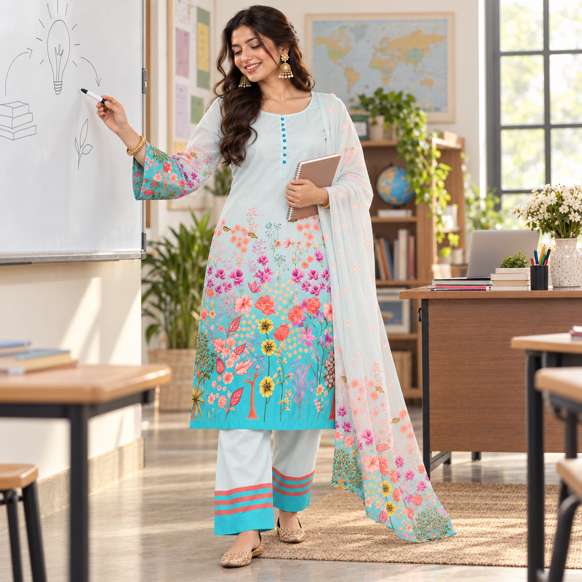 Aqua Blue Satin Farshi Set with Dupatta