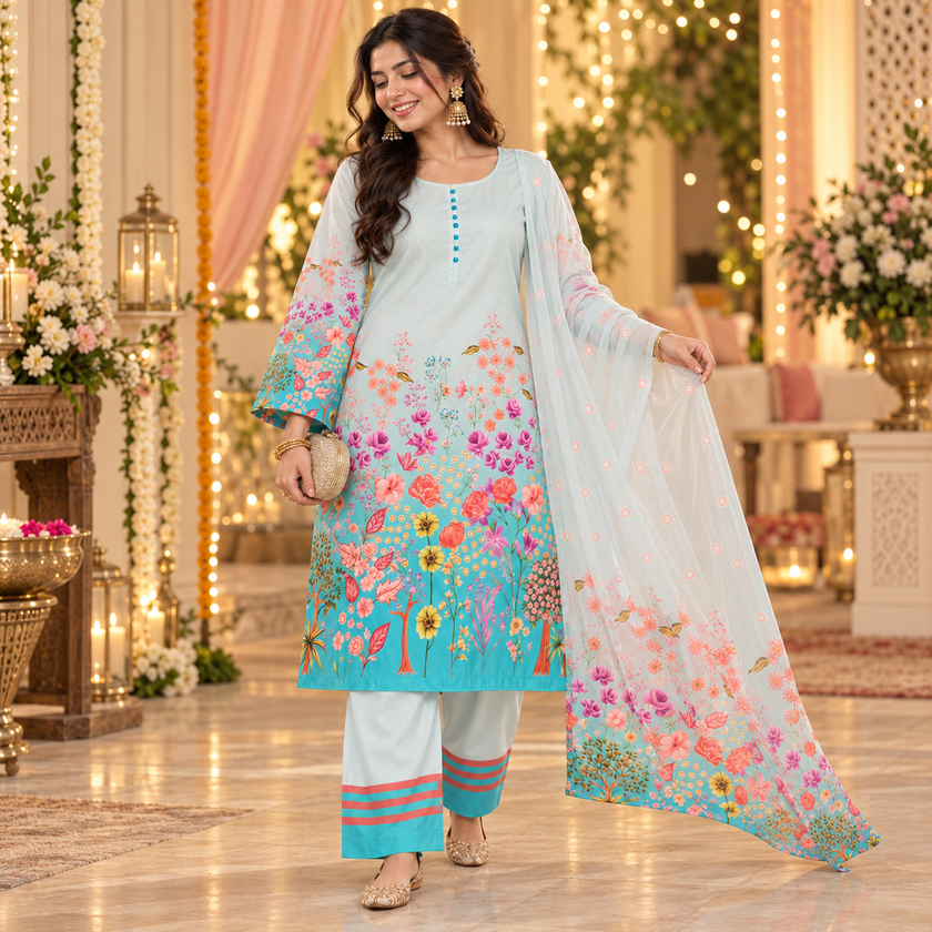 Aqua Blue Satin Farshi Set with Dupatta