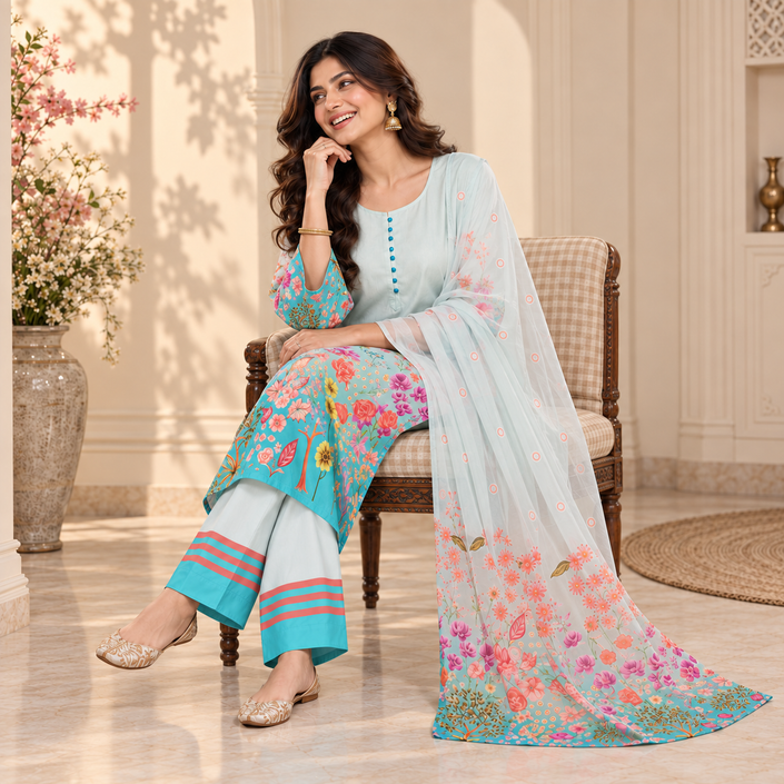 Aqua Blue Satin Farshi Set with Dupatta