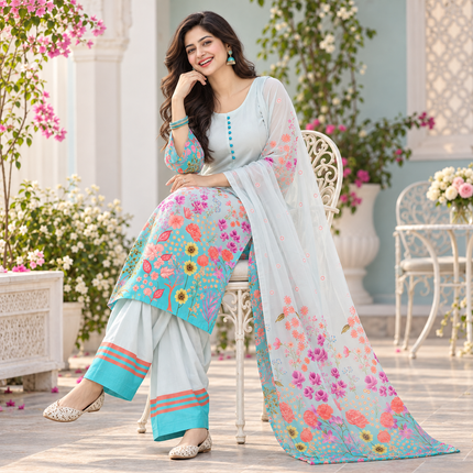 Aqua Blue Satin Farshi Set with Dupatta