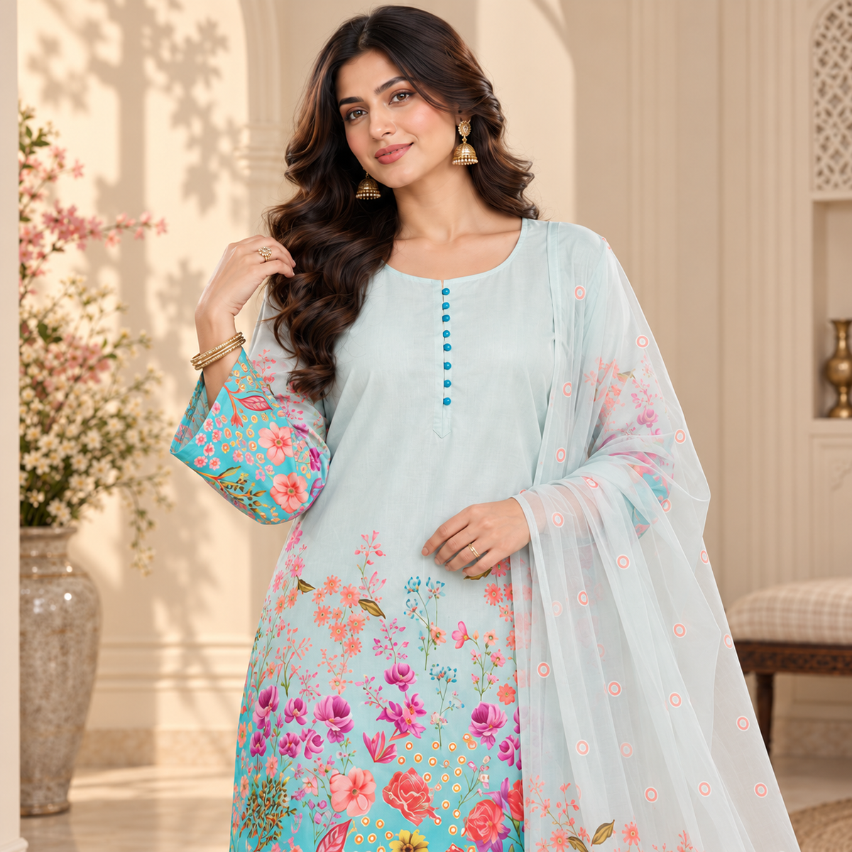 Aqua Blue Satin Farshi Set with Dupatta