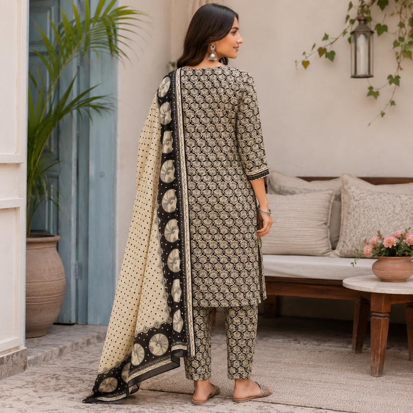 Beige Black Printed Dupatta Suit for Women with Geometric Print Kurta